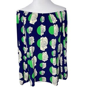 Tracy Negoshian Blue and Green Print Polyester Off-Shoulder Top